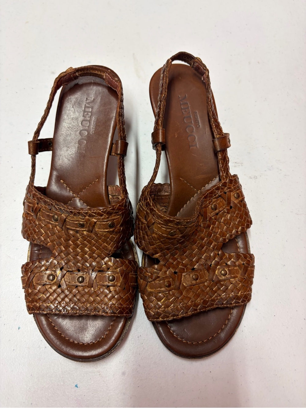 Sesto Meucci Brown Woven Leather Slingback Sandals